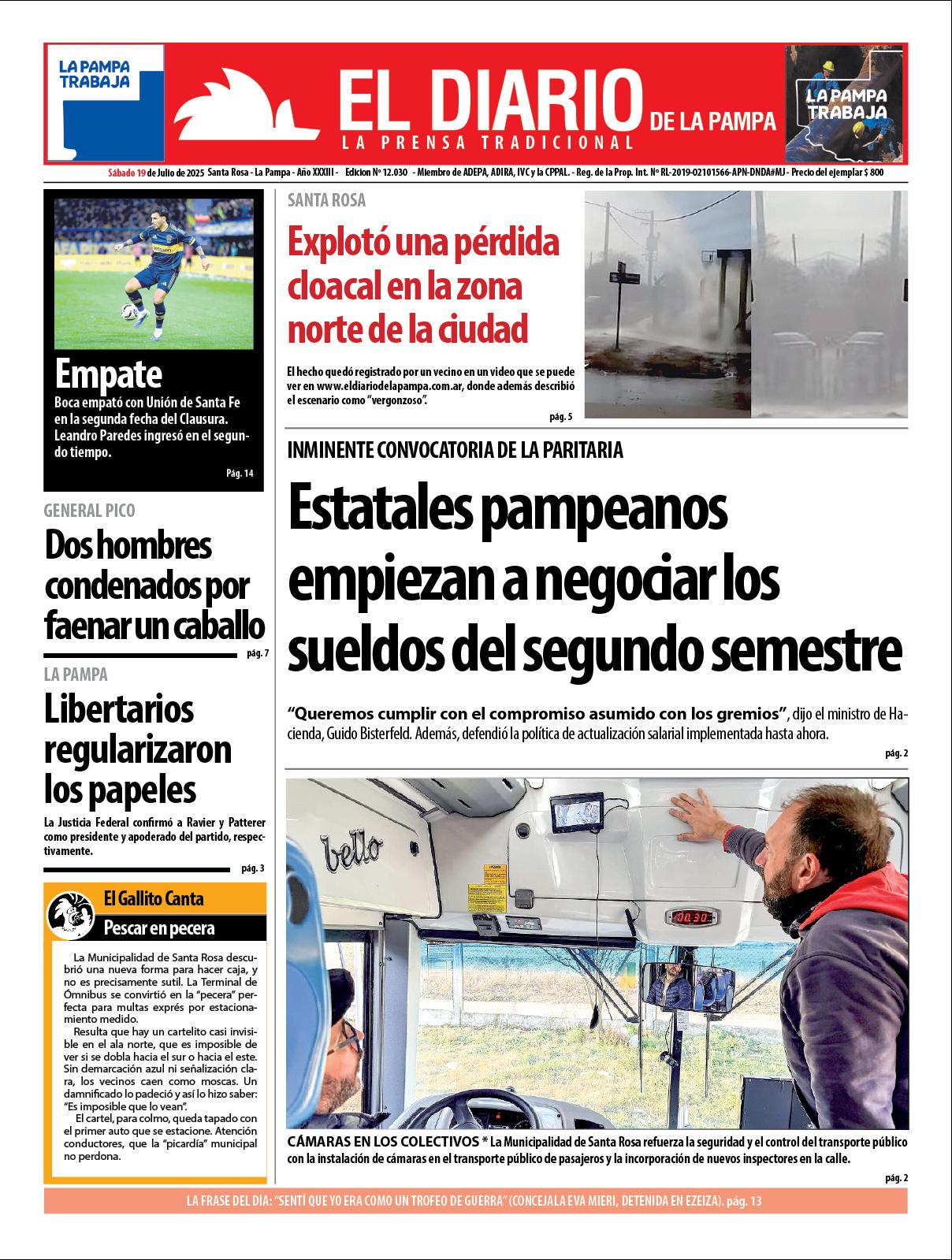 Tapa de El Diario en papel  saacutebado 19 de julio de 2025